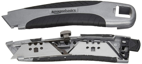 Amazon Basics Retractable Utility Knife with 3 Blades, Soft Grip, Black/Silver