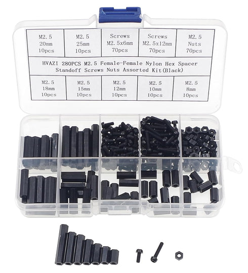 280PCS M2.5 Female-Female Nylon Hex Spacers, Standoffs Screws Nuts Assorted Kit (Black)