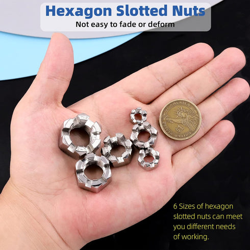 Glarks 20Pcs M6 M8 M10 M12 M14 M16 304 6 Stainless Steel Hexagon Slotted Nuts Assortment Kit, Size Hex Castle Nuts