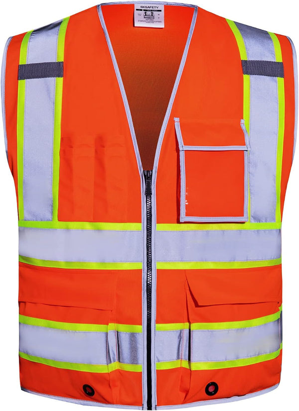 SKSAFETY Class 2 High Visibility Safety Vest with 10 Pockets, Zipper, Reflective Strips for Men & Women (Orange, M)