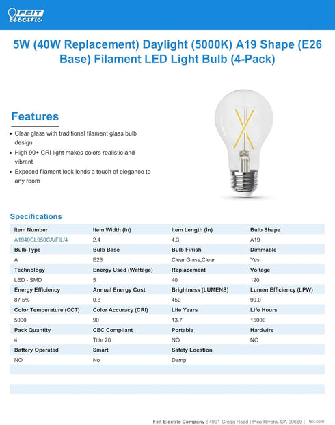 Feit Electric Dimmable LED A19 Light Bulb, 40W Equivalent, 4-Pack, 5000K Daylight, 450 Lumen, 15 Year Life