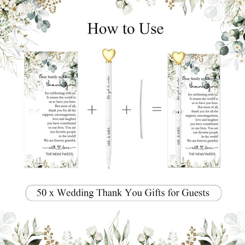 MotiMind 50 Sets Set, Wedding Guest Book Pens White Ballpoint Pens with Gold Heart Top, Thank You Cards Included, Sign