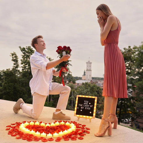 Grinsvalley Set, LED Felt Letter Board with Rose Petals and Candles Word Board with Letters, Artificial Rose Petals