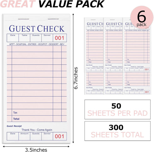 6 Pack 300 XKDOUS Pink Server Books, Server Note Pads, Guest Check Books for Servers, Waitress Notepads