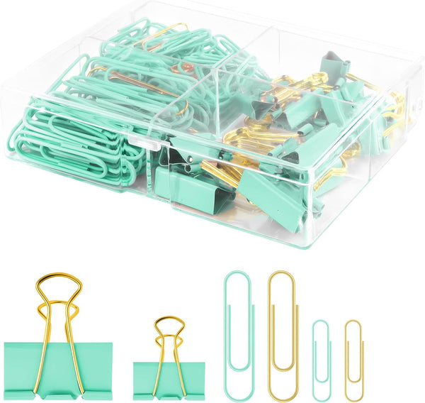 Cute Paper Clips and Binder Clips Combo Set, 165 Pcs Assorted Size Office Supplies, Green