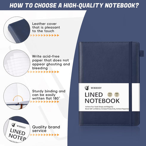 Lined Journal Notebook, 366 Pages, Leather Hardcover Journals, Thick A5 College Ruled Classic Notebook with Pen Loop
