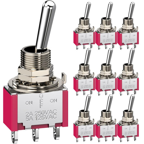 Toggle Switch AC 5A/125V 2A/250V, 3 Pin Terminals On/Off/On 3 Position SPDT Mini Toggle Switch, 10Pcs