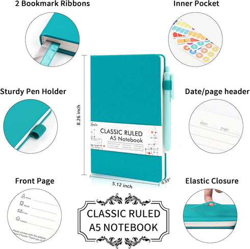 Feela 8 Pack Notebooks Journals, Hardcover Classic Ruled Journals with Pen Holder, 5.1”x8.3”, A5, Emerald