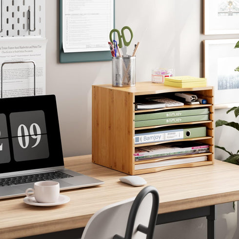 Bamjoy Bamboo 5 Tier Desktop Organizer, Paper Organizer Mail Sorter with Adjustable Shelves for School Home Office