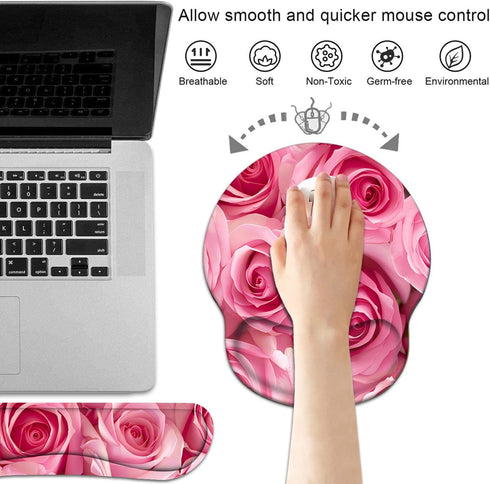 Keyboard Wrist Rest and Mouse Pad Wrist Support Set with Coasters, Non-Slip PU Base Ergonomic Gaming Mousepad for Home Office Working Studying Easy Typing & Pain Relief, Pink Roses