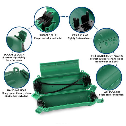 Restmo 4 Pack Compact Outdoor Extension Cord Cover, IP44 Waterproof Box and Safety Housing Case, Ideal to Protect Outdoor Plugs, Electrical Connections, Holiday Decoration Lights, Size Small, Green