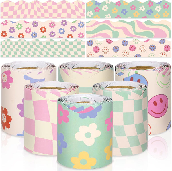 Whaline 196.8ft Pastel Boho Bulletin Board Borders, Daisy Flower Checkered Die-Cut Trim for Classroom Office