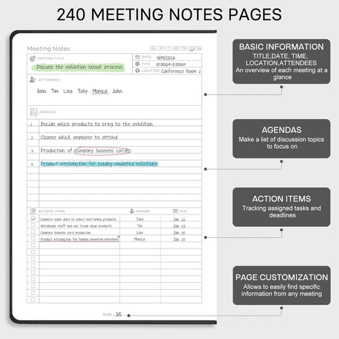 EMSHOI Meeting Notebook for Work, 240 Pages, A4 Project Planner, PU Leather Meeting Agenda/Minutes Journal Organizer,