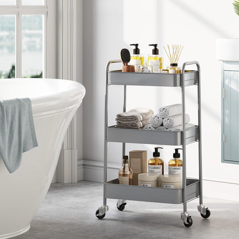 TOOLF 3-Tier Rolling Cart, Metal Utility Cart with Lockable Wheels, Easy Assembly for Office, Kitchen, and More