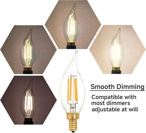 CA11/C35 Bulbs, E12 Dimmable, 40W (4W), 3000K 6 Pack LED Chandelier Base, Equivalent Soft White, Flame Tip