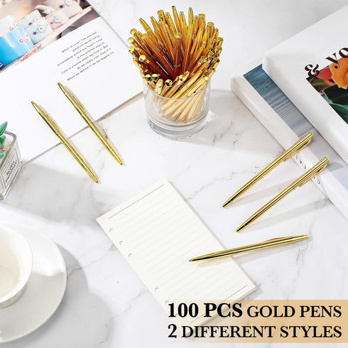 Fuutreo 100 Pack Gold Metallic Slim Ballpoint Pens, Retractable Christmas Ballpoint Pen with Black Ink