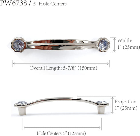 JETLAND 2-Pack, 5" PW6738CR127 Cabinet Drawer Crystal Pulls, Chrome with Clear Glass, Hole Centers, Shining Daisy