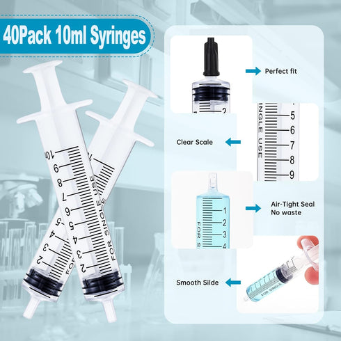 40 Pack 10ml Plastic Syringe for Scientific Labs, Dispensing, Measuring, Watering, Refilling, Multiple Uses