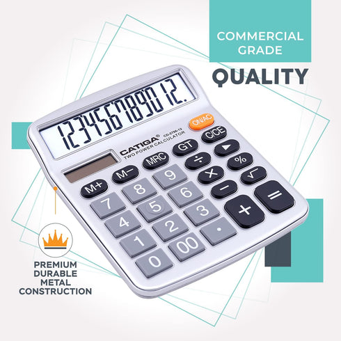 CATIGA 12 Digits Desktop Calculator with Large LCD Display, Dual Solar Power and Battery for Office and Home