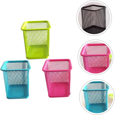 Operitacx 3pcs Pen Bucket Colored Pencils Metal Holder - Square Mesh Pencil Holder for Desk & Makeup Brushes