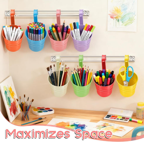 8 Pack Vowcarol Metal Pencil Holder Crayon Organizer for Classroom with Hanging Rack for Wall, Crayon Holder Hanging
