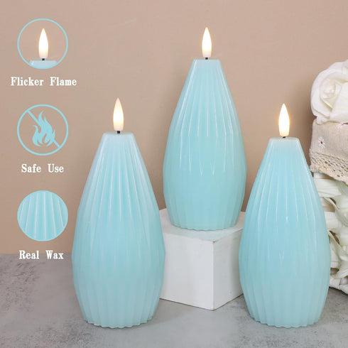 3Pack Blue Ribbed Flameless Candles with Remote Flickering Realistic Battery Powered LED Real Wax Decorative Candle
