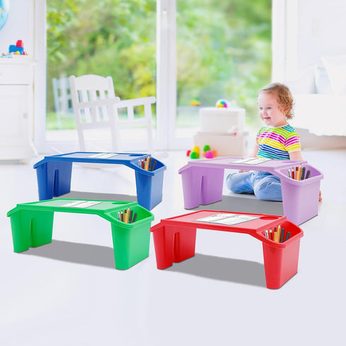 SanBouSi 4 Pcs Kids Floor Desk Stackable Lap Desk with Side Pockets Plastic Breakfast Laptop Trays for Writing Eating