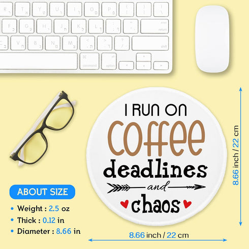 YAZMEEN Funny Text Mouse Pad, Coffee Deadline Chaos, Non-Slip Rubber Base, Cute Round Mat for Office
