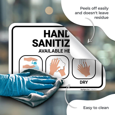 10x7 Inches, 4 Hand Sanitizer Available Here with Apply Rub and Dry Hands Graphic Sign, Mil Vinyl Decal Stickers