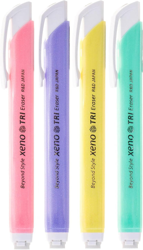 Xeno Tri-II Retractable Click Erasers, 4 Erasers and 8 Assorted Color Refills