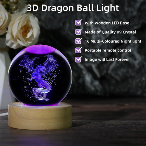 Vuebkkry 3D 16 60mm Dragon Crystal Ball Night Light with Colors, Cool Dragon Statue Figurines Glass Decor Lamp