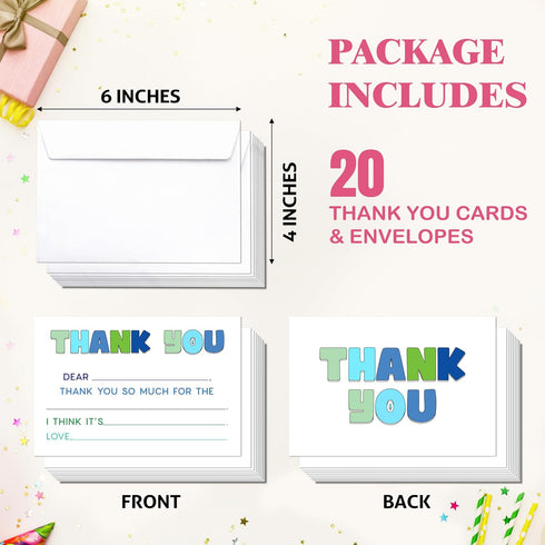 FTRZX 20 Pack 009 Blue Kids Thank You Cards, Minimalist Thank You Card For Baby Shower Birthday Party, Kids Birthday