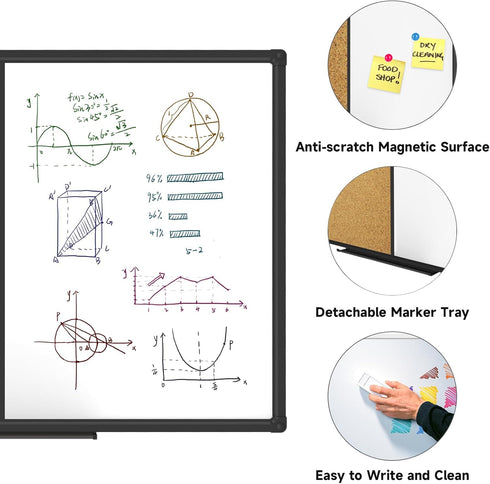 XBoard Magnetic Whiteboard 36 x 24 - Combo Dry Erase Board/Cork Board with Black Aluminum Frame, Colorful Push Pins