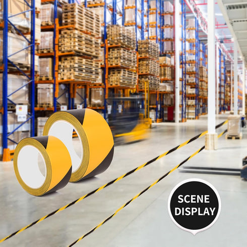 2 Inch x 110 FT Black & Yellow Floor Marking Tape, High-Visibility Adhesive Hazard Tape for Caution and Aisle Marking