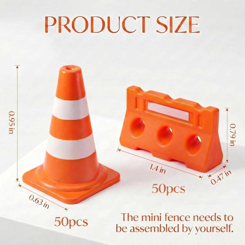 60/100 Pack 1 Inch Setups Orange Mini Traffic Cones and Miniature Fence Barricade Signs(Requires Assembly).Perfect as