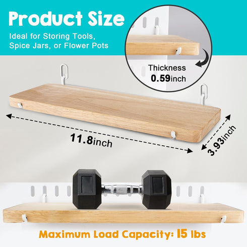 2 Pack Solid Wood Pegboard Shelf, Pegboard Accessories with Hooks, Compatible with IKEA Skadis