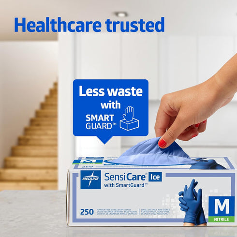 Medline SensiCare Ice Blue Nitrile Exam Gloves, Dark Blue Medium (Pack of 250)