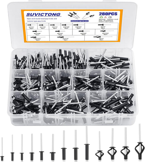 280pcs Black Pop Rivets Assortment Kit, SUVICTONG Aluminum Blind Rivets, 13 Sizes with Reinforced Label Case