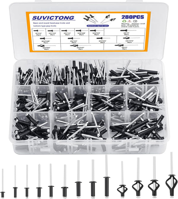 280pcs Black Pop Rivets Assortment Kit, SUVICTONG Aluminum Blind Rivets, 13 Sizes with Reinforced Label Case