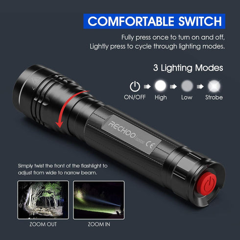 RECHOO S2000 High-Powered LED Flashlight, 2000 High Lumens, Zoomable, Water Resistant, 3 Modes for Outdoor