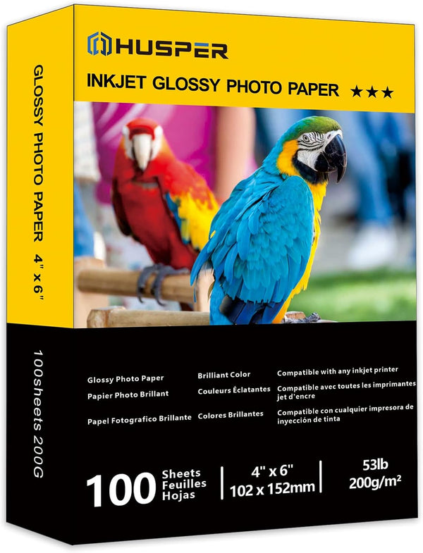HUSPER Inkjet Glossy Photo Paper 100 Sheets 4x6 Inches 53lb Professional Photographic Paper