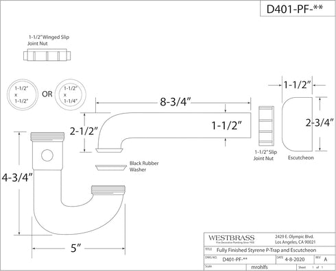 Westbrass D401-PF-01 Decorative Styrene P-Trap, Polished Brass