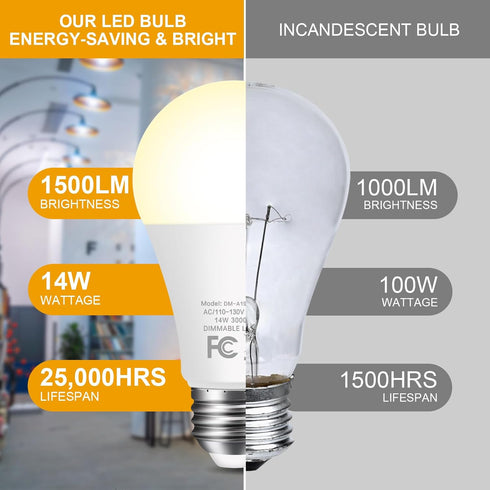 6-Pack 14W LED Dimmable Light Bulbs, 100 Watt Equivalent, A19 1500LM Warm White 3000K for Indoor Kitchen Office