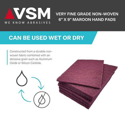 VSM 10-Pack, 6" x 9", Maroon Very Fine Non-Woven Hand Pad, Aluminum Oxide Grains for Finishing and Cleaning