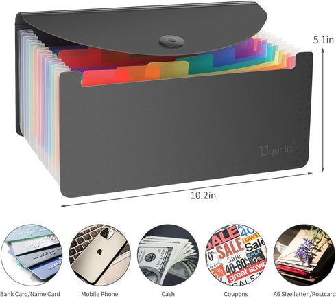 Uquelic Stand Receipt Organizer Folder - 13 Pockets Expanding Coupons Storage/Rainbow Large Capacity Bill Organizer for