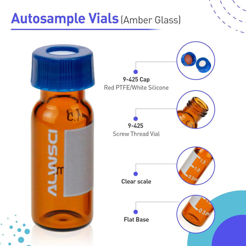 ALWSCI Ultraclean Vials for Chromatography Kit, 2 ml 9 mm HPLC Vial with Blue Screw Cap, 100 Pack