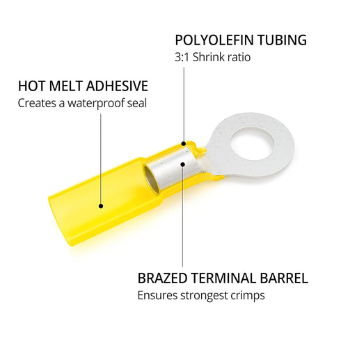 Wirefy 90 PCS Heat Shrink Ring Terminals #10 - Resistant Ring Connectors for Eyelet Wire Connectors - Yellow 10-12 AWG