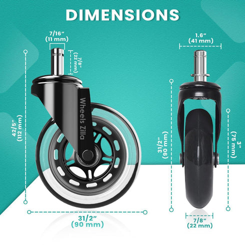 Office Chair Caster Wheels, Set of 5, 3 Inch Heavy-Duty Rubber Wheels for Desk & Gaming Chair, Easy to Install for All
