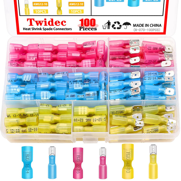 Twidec/100PCS Heat Shrink Spade Connectors Kit, 22-10 AWG Female and Male Spade Terminals