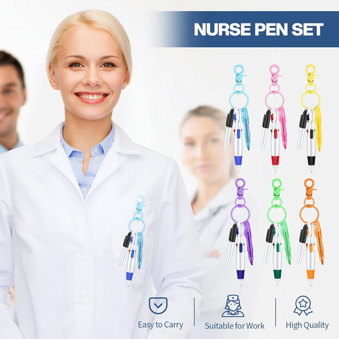 Fainne Mini Highlighter Nurse Pen Pack Set, Retractable Ball Pen with Nursing Keychain Clip (6)